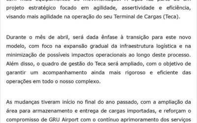 Notícia: CAD nº 114/25 – Mudanças na operação do Terminal de Cargas em Guarulhos
