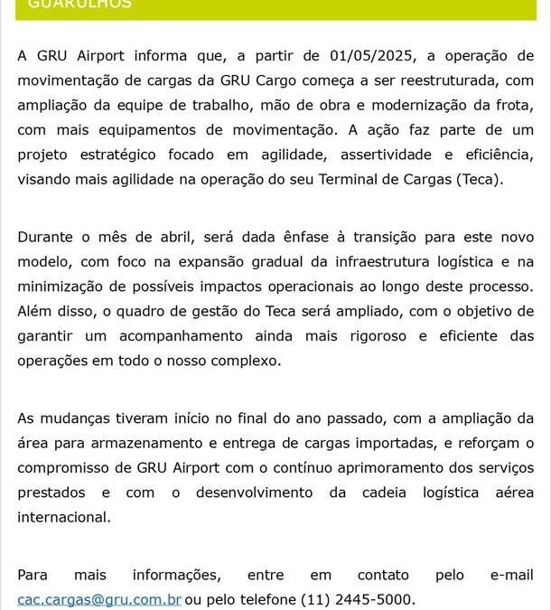 Notícia: CAD nº 114/25 – Mudanças na operação do Terminal de Cargas em Guarulhos