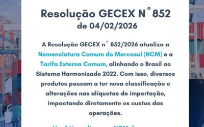 Resolução GECEX Nº 852 – Altera a Nomenclatura Comum do Mercosul (NCM) e a Tarifa Externa Comum (TEC)